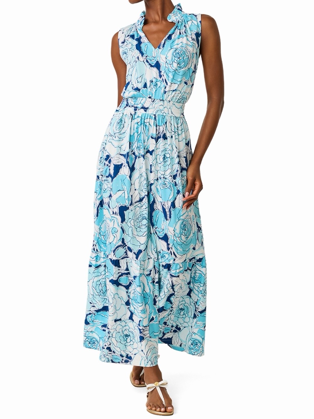 Lilly Pulitzer Blue Floral Ruffle V-Neck Maxi Dress
